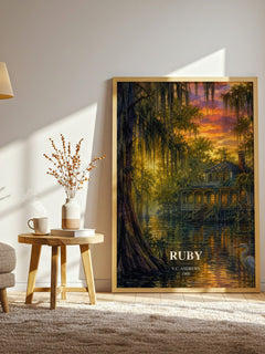 Ruby watercolour print in frame leaning in hallway – gothic wall art
