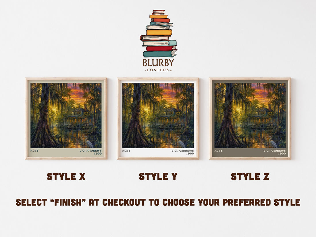 Ruby literary print in frame leaning in hallway – gothic wall art (mockup)