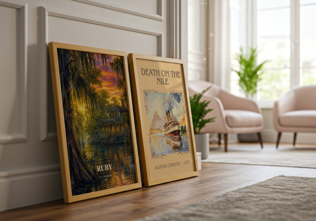 Ruby watercolour print framed by window – literary home decor