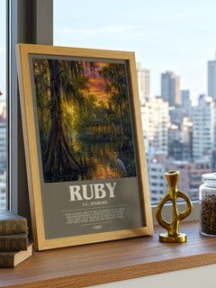 Ruby bookish print framed by window – literary home decor