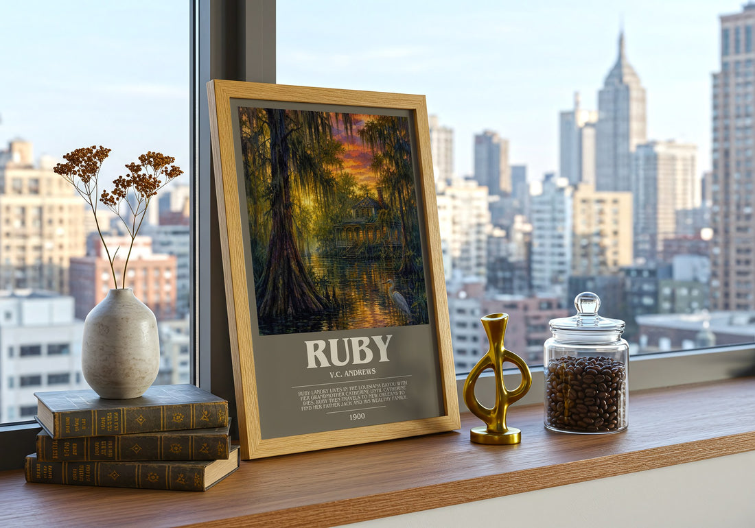Ruby bookish print framed by window – literary home decor