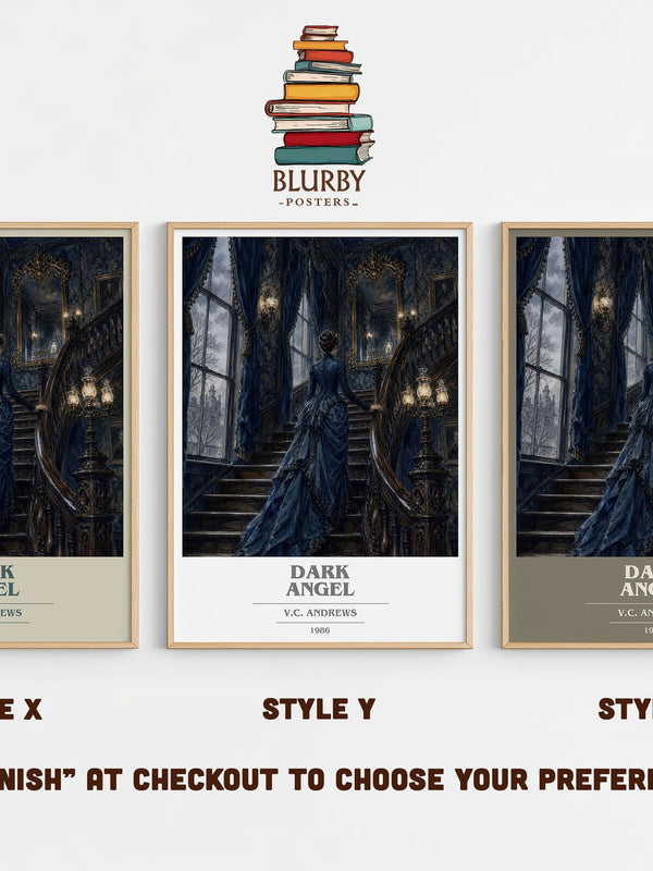 Dark Angel book cover print in frame leaning in hallway – gothic wall art