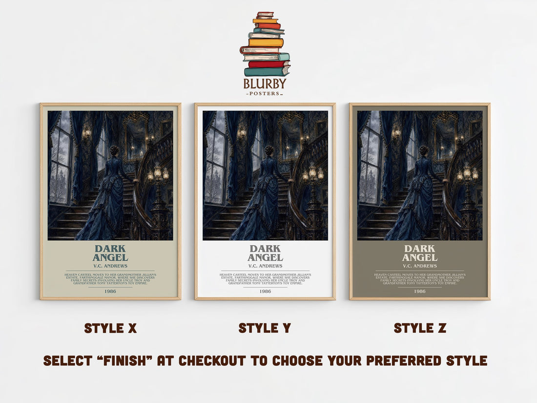 Dark Angel bookish print in frame leaning in hallway – gothic wall art (mockup)