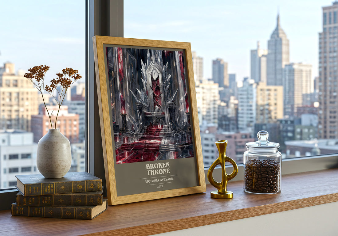 Broken Throne book cover print framed by window – literary home decor
