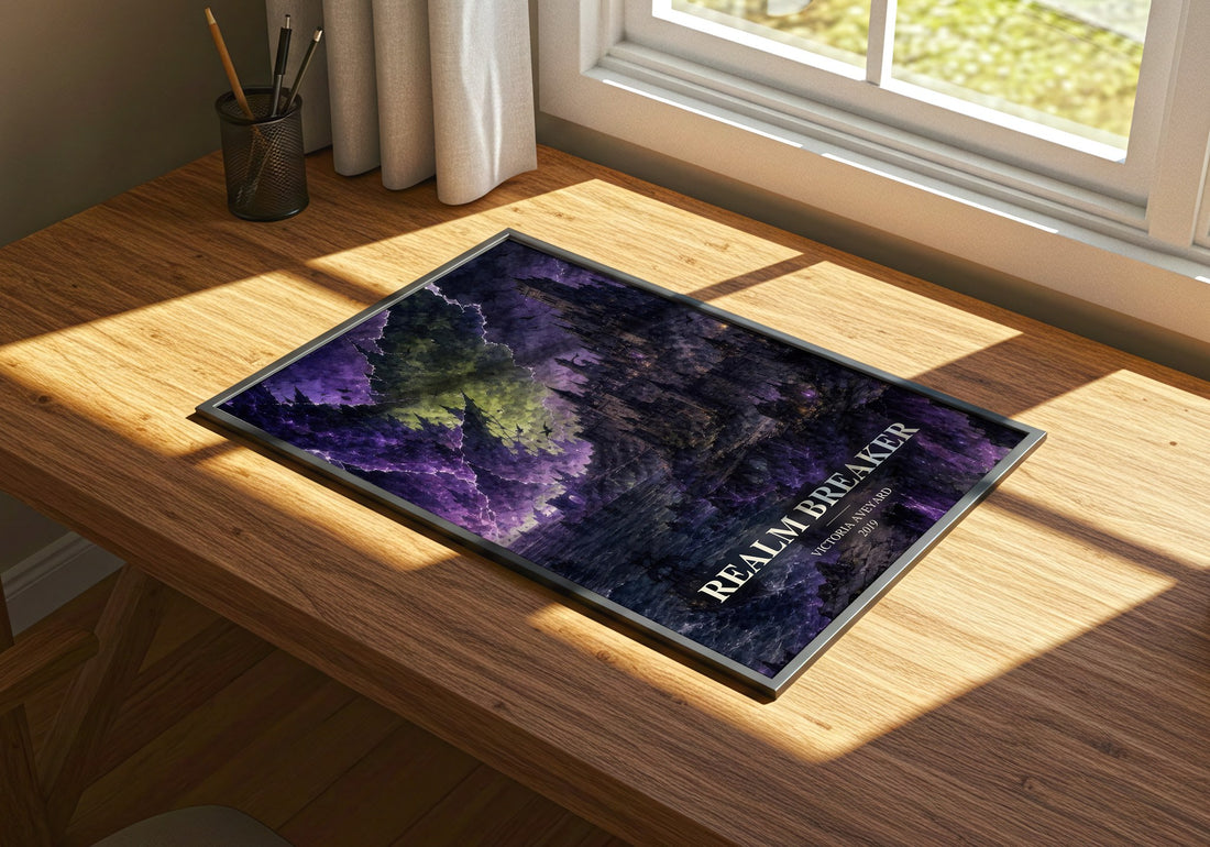 Realm Breaker watercolour book poster framed on wall – fantasy wall art