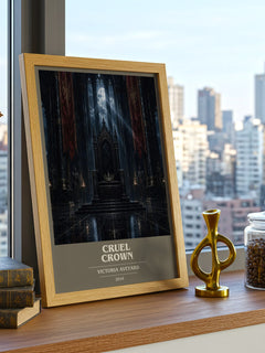 Cruel Crown book cover print framed by window – literary home decor