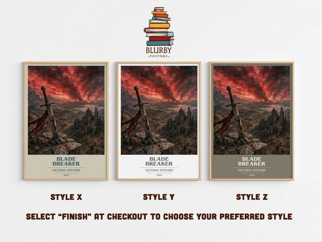 Blade Breaker book cover print in frame leaning in hallway – fantasy wall art (mockup)