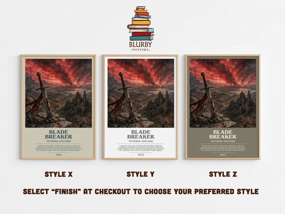 Blade Breaker bookish print in frame leaning in hallway – fantasy wall art (mockup)