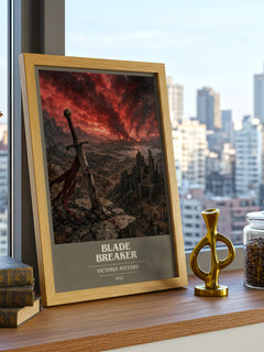 Blade Breaker book cover print framed by window – literary home decor