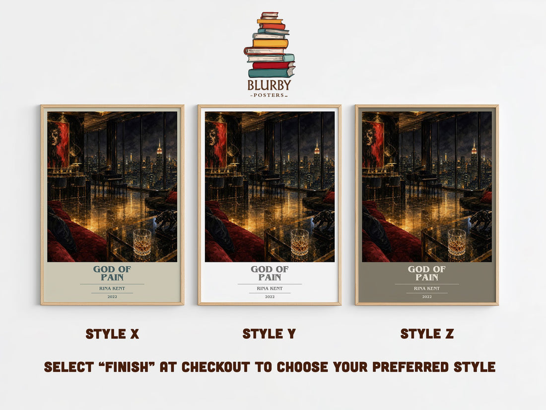 God of Pain book cover print in frame leaning in hallway – romance wall art (mockup)