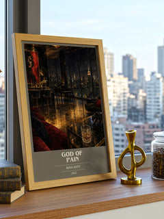 God of Pain book cover print framed by window – literary home decor
