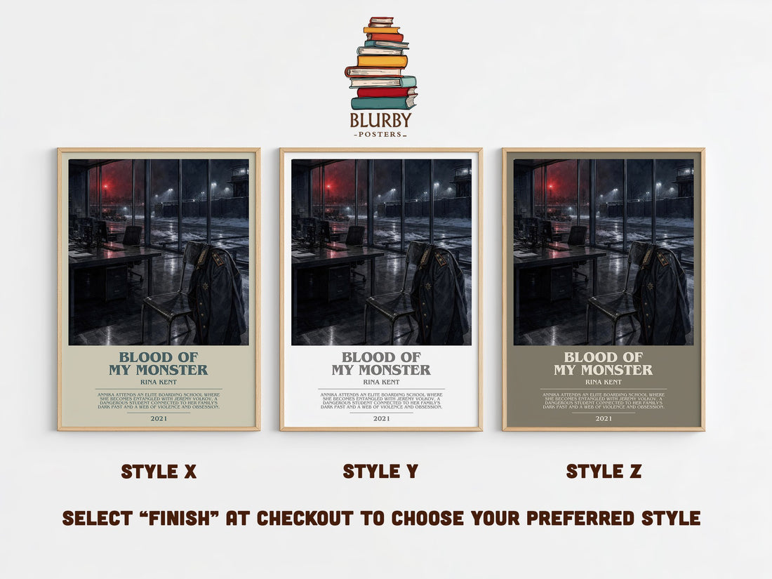 Blood of my Monster bookish print in frame leaning in hallway – romance wall art (mockup)