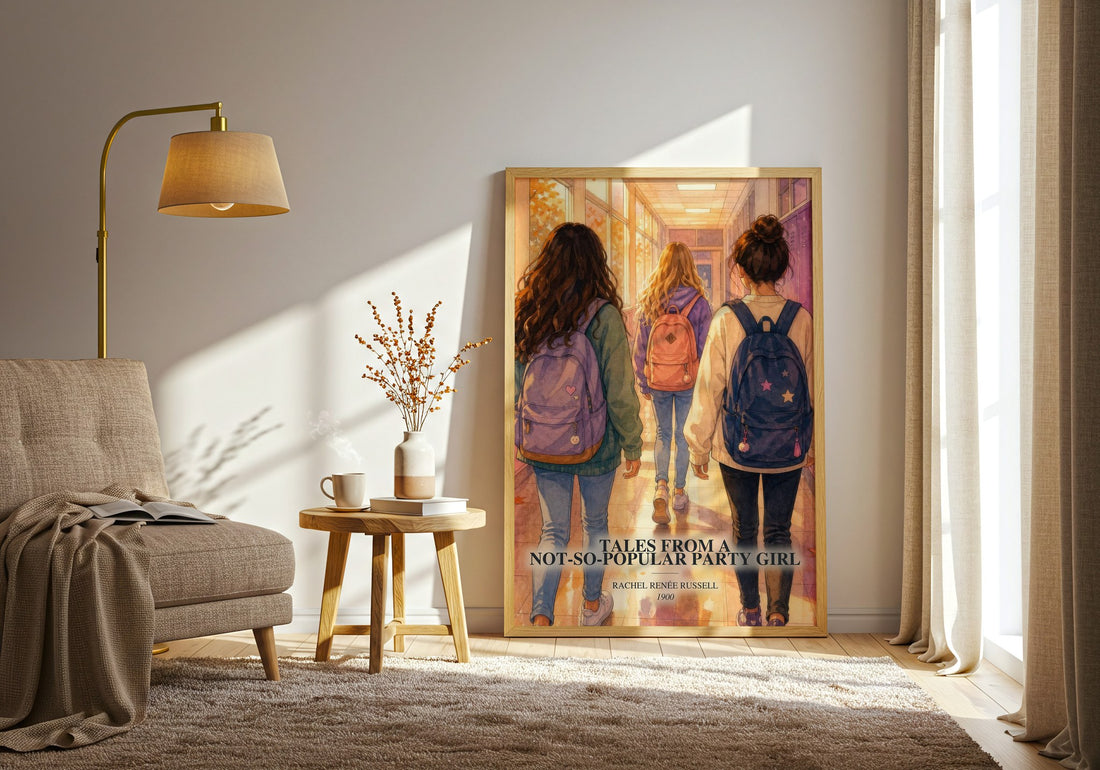 Tales from a not-so-popular party girl watercolour print in frame leaning in hallway – young adult wall art