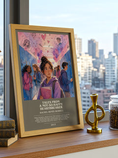 Tales from a not-so-happy heartbreaker Bookish Wall Art by R. Russell – framed print on a city-view windowsill