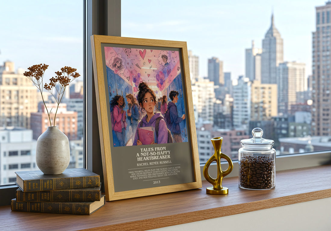 Tales from a not-so-happy heartbreaker Bookish Wall Art by R. Russell – framed print on a city-view windowsill