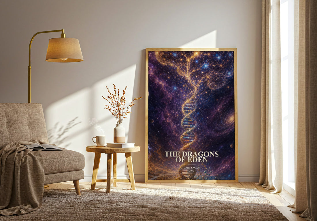 The Dragons of Eden watercolour print in frame leaning in hallway – non fiction wall art