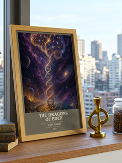 The Dragons of Eden book cover print framed by window – literary home decor