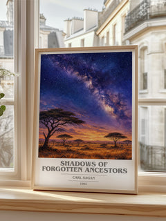 Shadows of Forgotten Ancestors book cover poster colour and style options – Carl Sagan book art