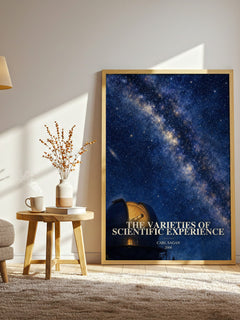 The Varieties of Scientific Experience watercolour print in frame leaning in hallway – non fiction wall art
