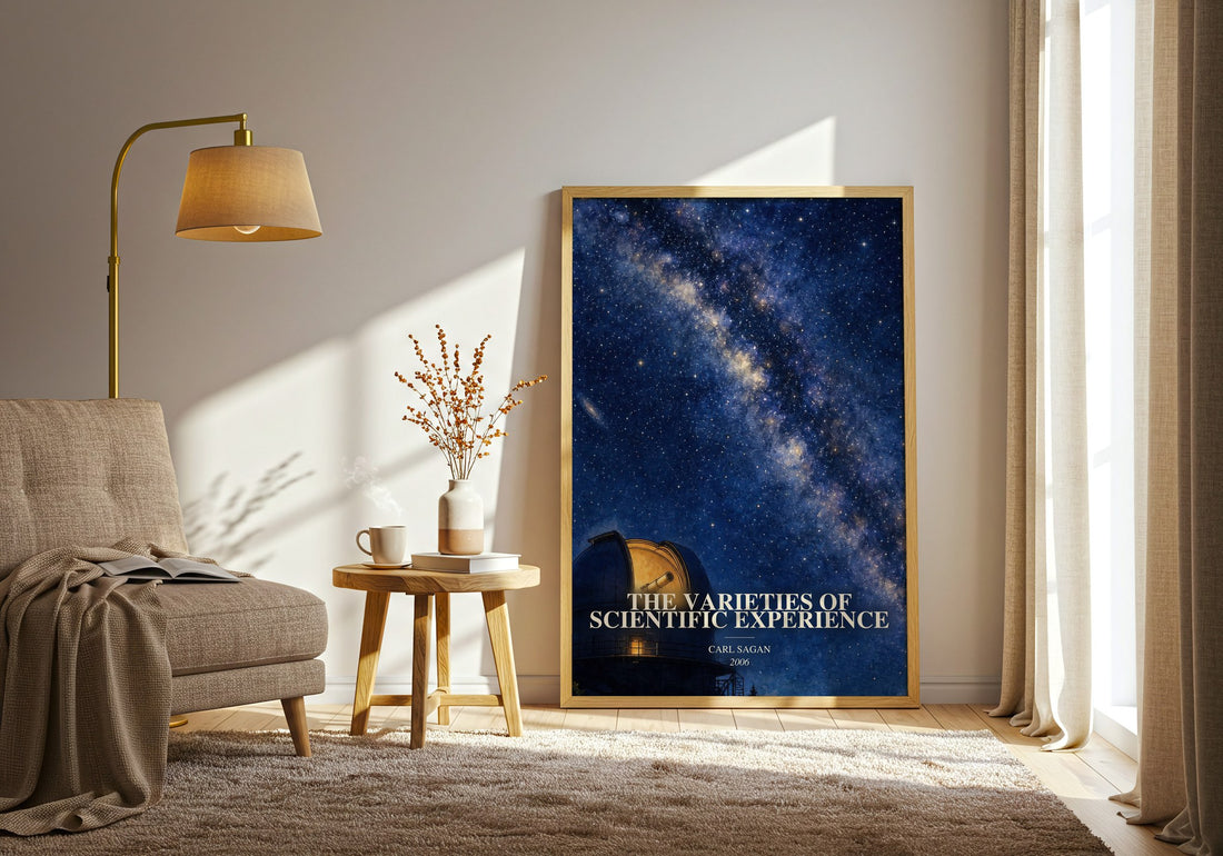 The Varieties of Scientific Experience watercolour print in frame leaning in hallway – non fiction wall art