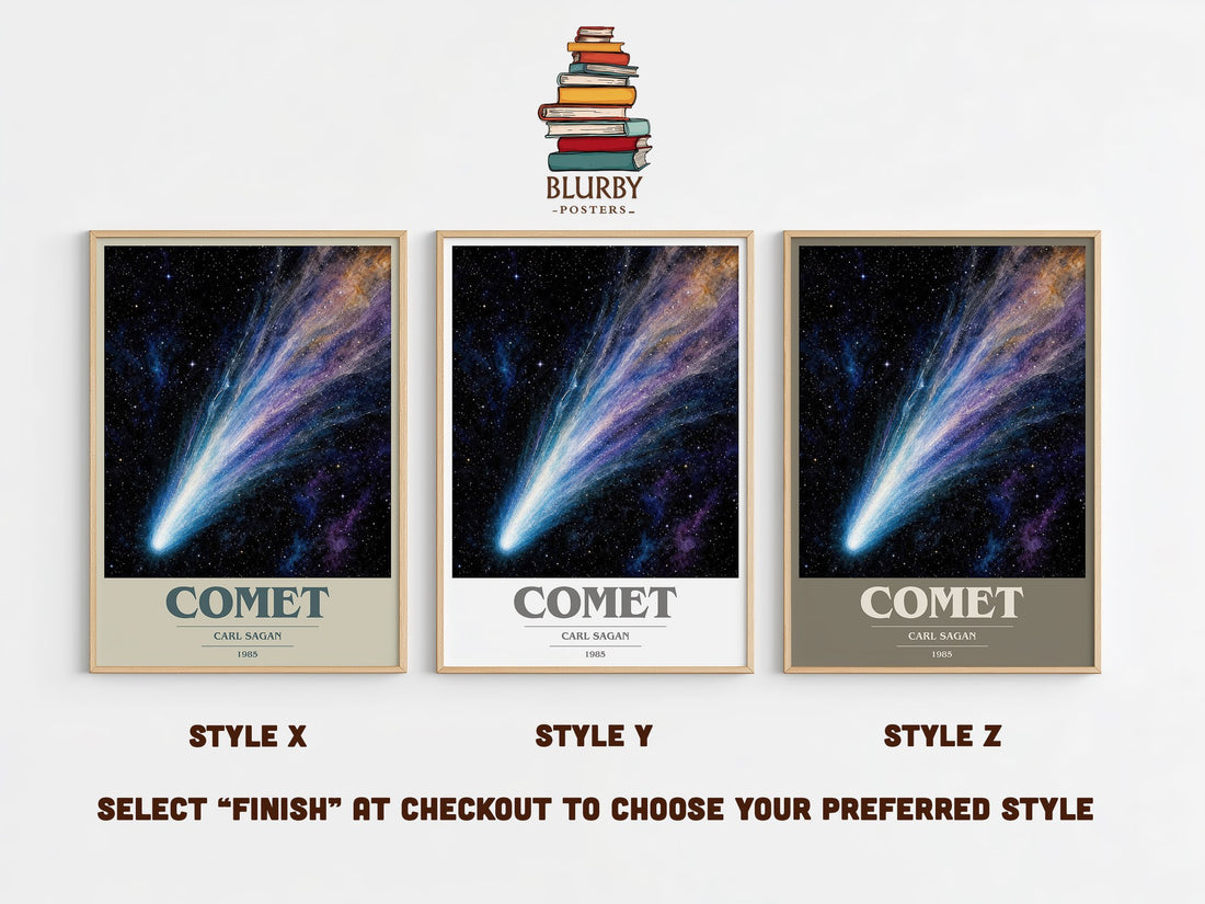 Comet book cover print in frame leaning in hallway – non fiction wall art (mockup)