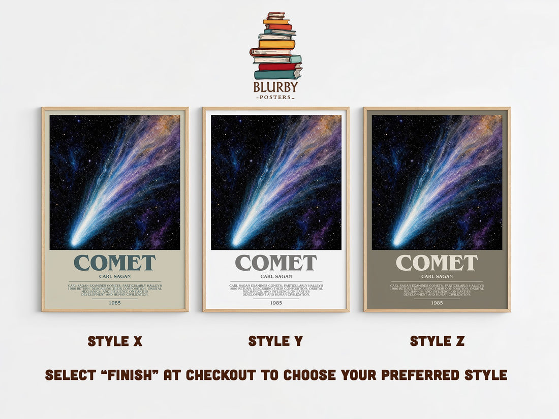 Comet bookish print in frame leaning in hallway – non fiction wall art (mockup)