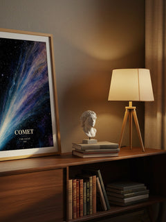 Comet watercolour print on bookshelf – Carl Sagan fan gift