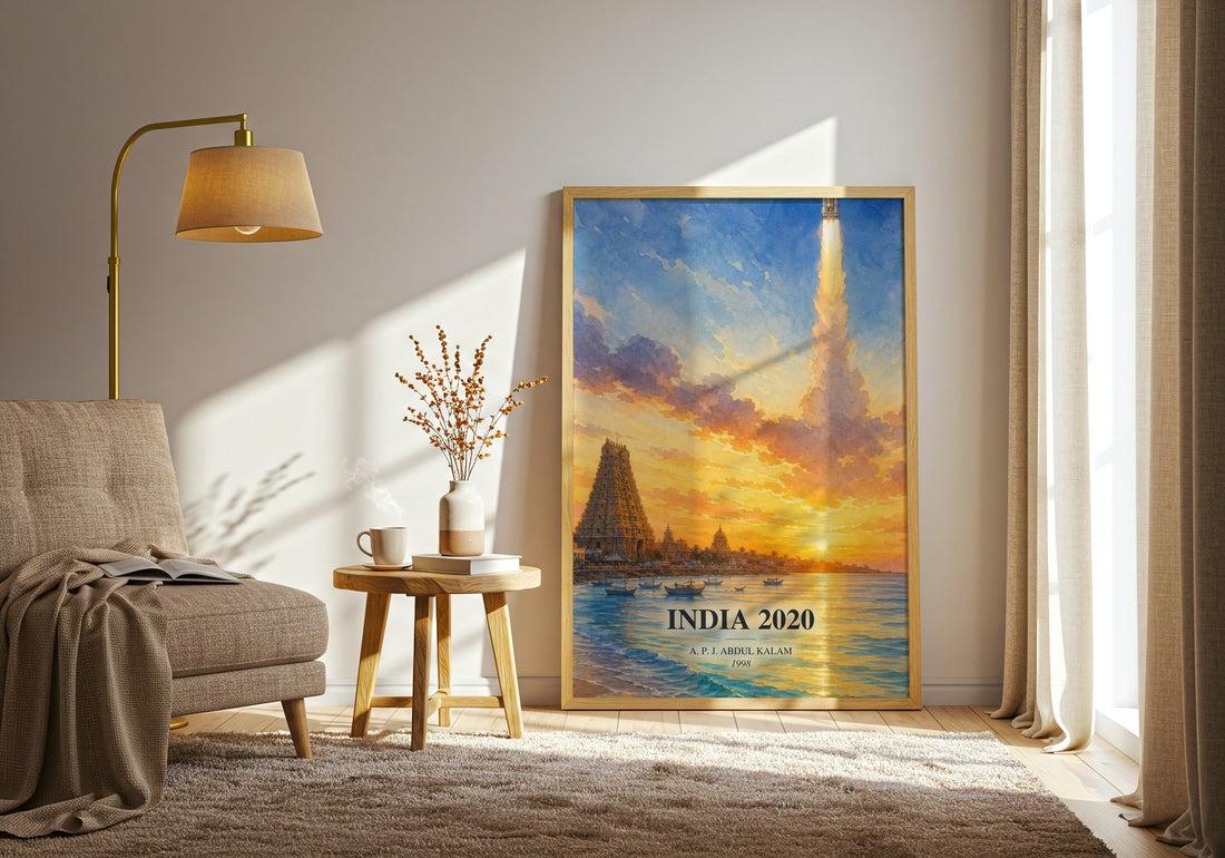India 2020 watercolour print in frame leaning in hallway – non fiction wall art