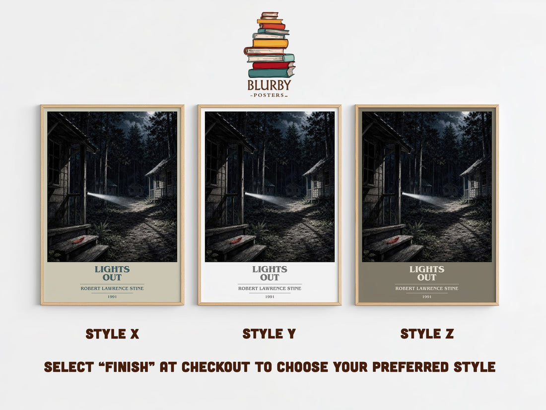 Lights Out book cover print in frame leaning in hallway – horror wall art (mockup)