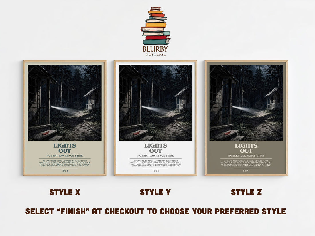 Lights Out bookish print in frame leaning in hallway – horror wall art (mockup)