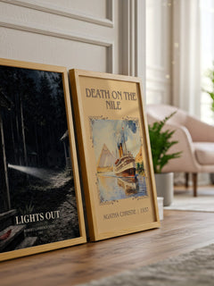 Lights Out watercolour print framed by window – literary home decor