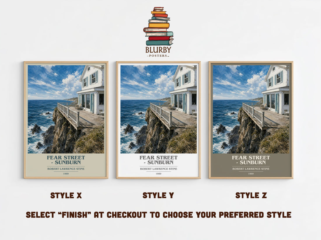 Fear Street - Sunburn book cover print in frame leaning in hallway – young adult wall art (mockup)