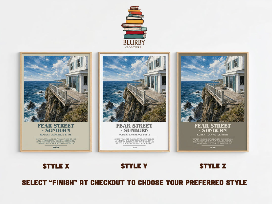 Fear Street - Sunburn bookish print in frame leaning in hallway – young adult wall art (mockup)