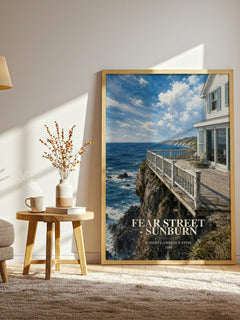 Fear Street - Sunburn watercolour print in frame leaning in hallway – young adult wall art