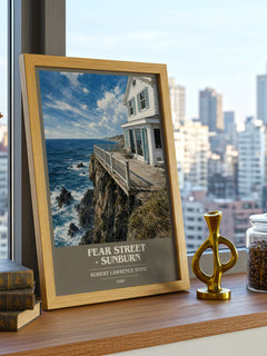 Fear Street - Sunburn book cover print framed by window – literary home decor