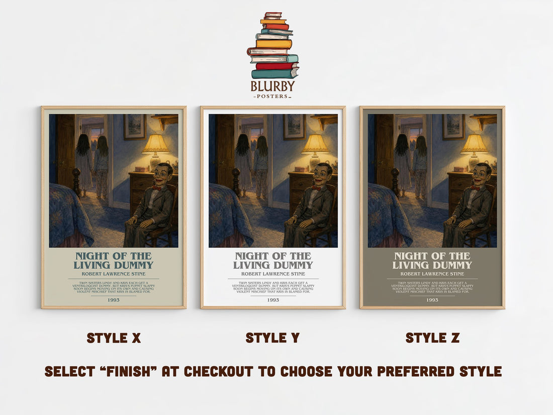 Night of the Living Dummy bookish print in frame leaning in hallway – childrens wall art (mockup)