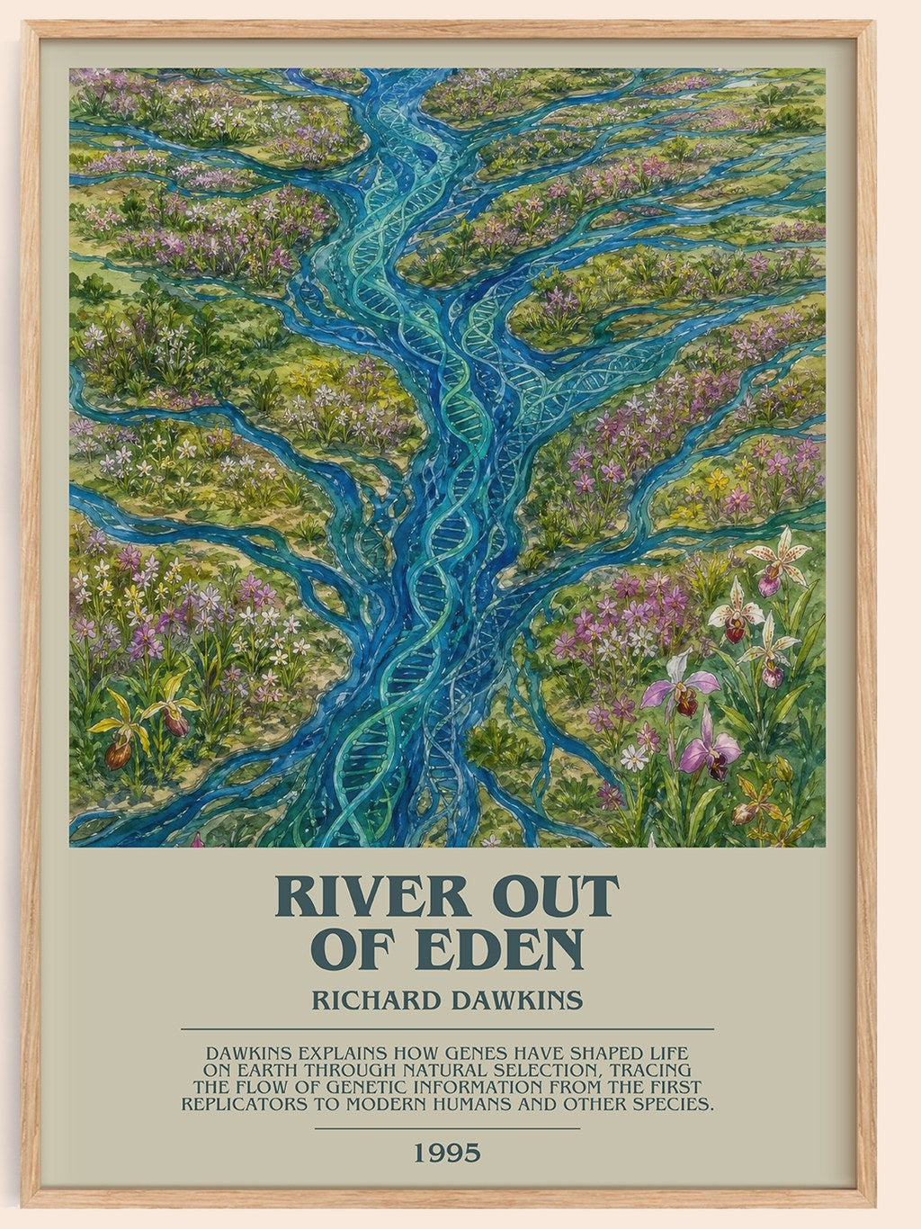 River out of Eden bookish book poster by Richard Dawkins – framed literary art print