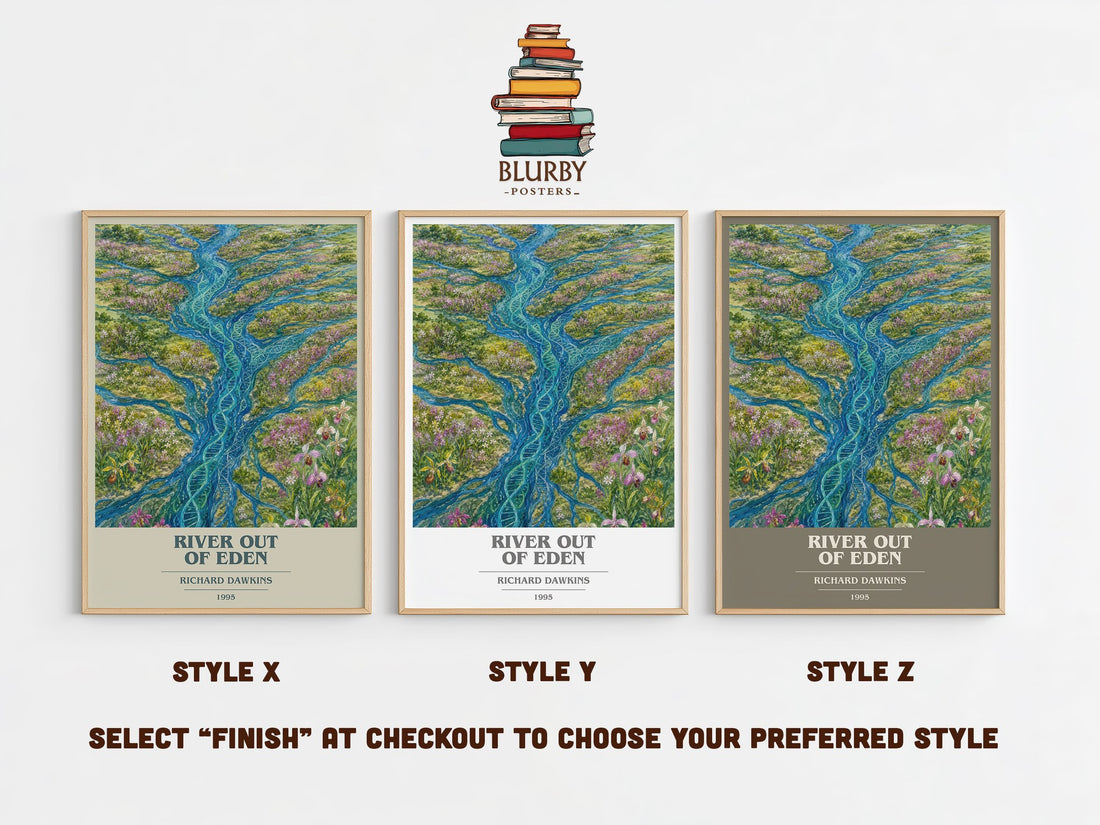 River out of Eden book cover print in frame leaning in hallway – non fiction wall art (mockup)