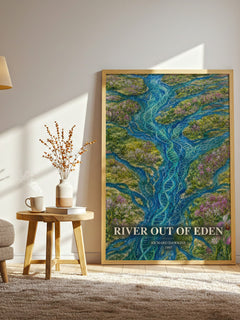 River out of Eden watercolour print in frame leaning in hallway – non fiction wall art