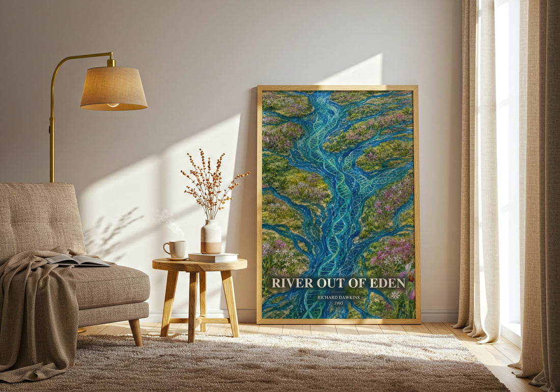 River out of Eden watercolour print in frame leaning in hallway – non fiction wall art