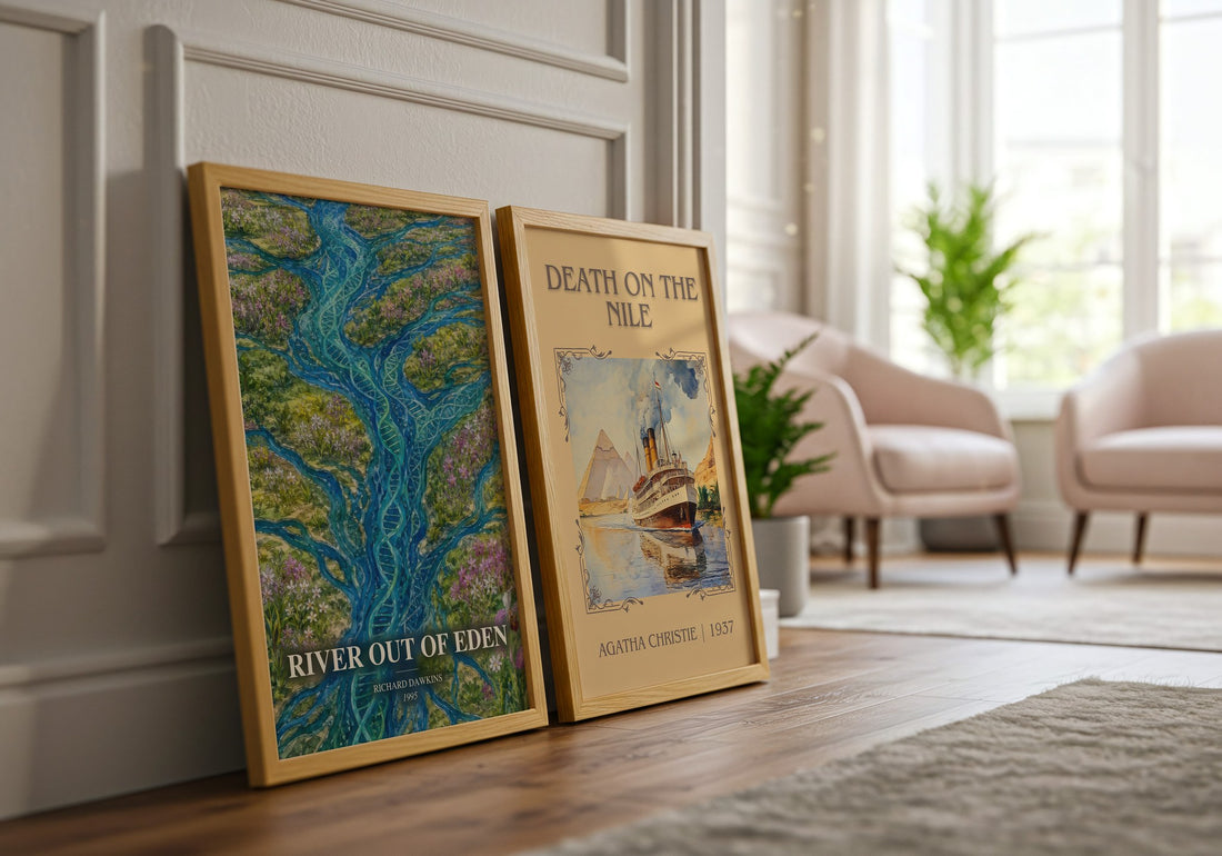 River out of Eden watercolour print framed by window – literary home decor