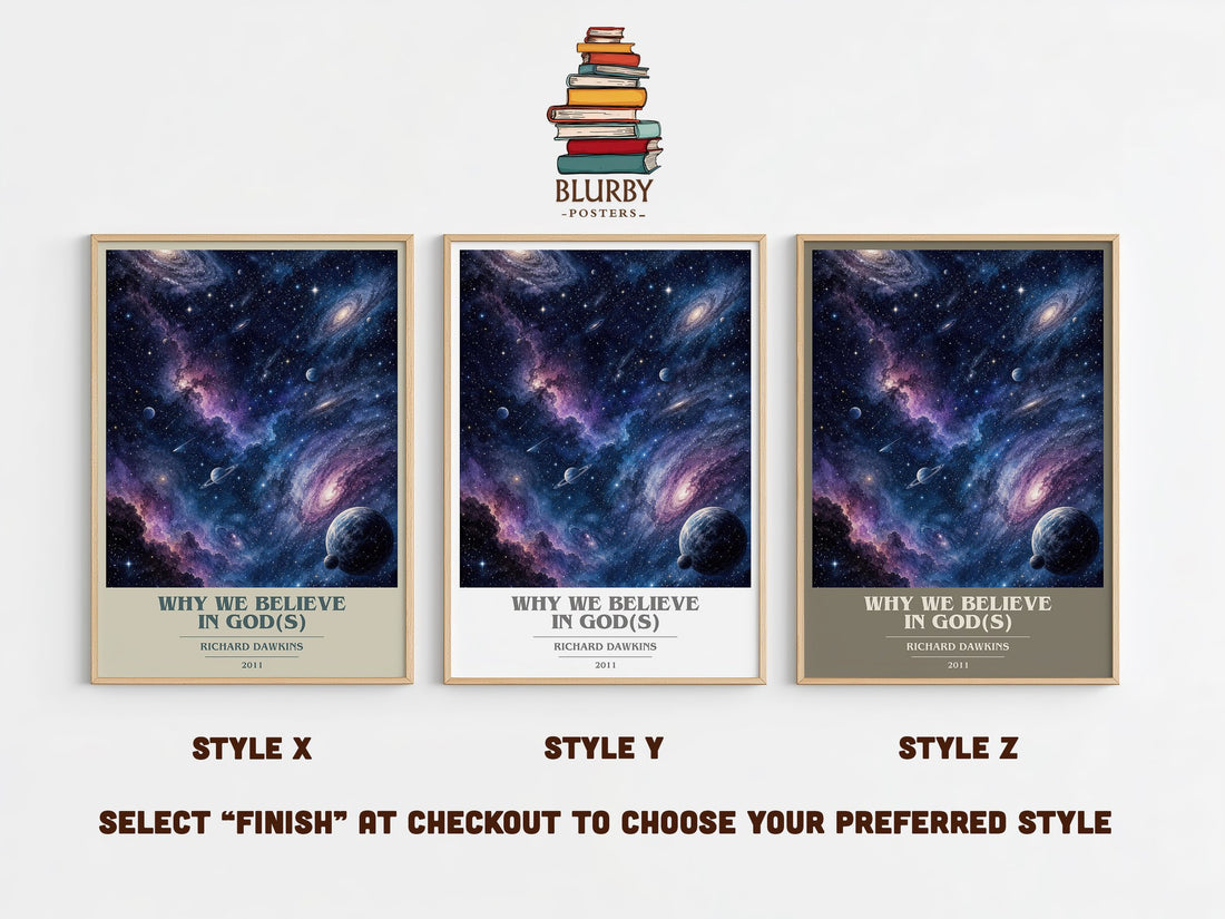 Why we believe in god(s) book cover print in frame leaning in hallway – non fiction wall art (mockup)
