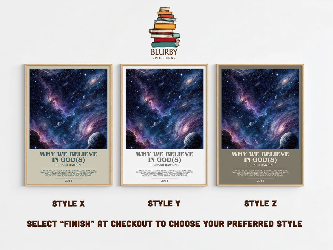 Why we believe in god(s) bookish print in frame leaning in hallway – non fiction wall art (mockup)