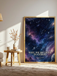 Why we believe in god(s) watercolour print in frame leaning in hallway – non fiction wall art