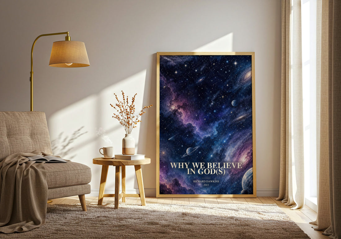 Why we believe in god(s) watercolour print in frame leaning in hallway – non fiction wall art