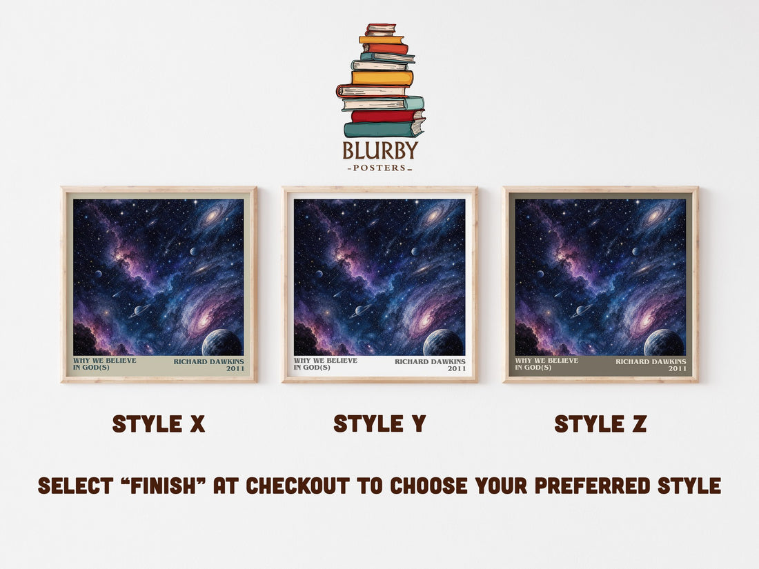 Why we believe in god(s) literary print in frame leaning in hallway – non fiction wall art (mockup)