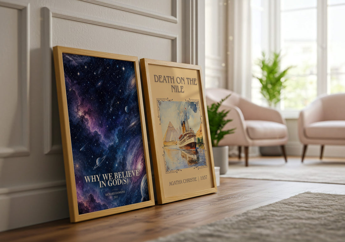Why we believe in god(s) watercolour print framed by window – literary home decor