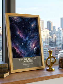 Why we believe in god(s) book cover print framed by window – literary home decor