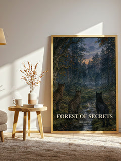 Forest of Secrets watercolour print in frame leaning in hallway – fantasy wall art
