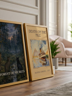 Forest of Secrets watercolour print framed by window – literary home decor